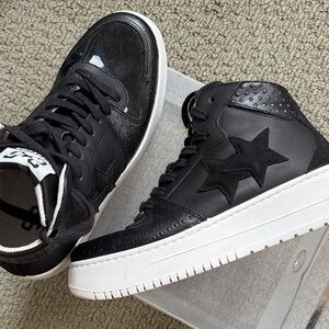 Black Italian Genuine Leather High-Top Sneakers with Star Logo